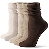 CS CELERSPORT Scrunch Crew Socks for Women, 5 Pack Retro Cotton Mid Calf Cushioned Slouchy Socks, Brown, Small