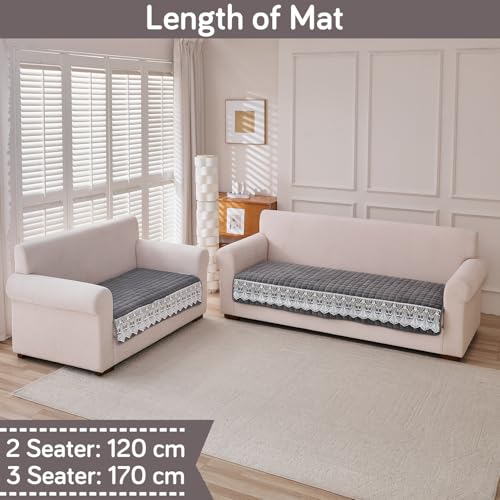 Image of HOKIPO 'BelleLace Series' 5 Seater Sofa Cover Mat in 3+2 Seater Combination | Imperial Milk Velvet with Anti Slip Backing, Porpoise Grey (AR-5966+5964-DGRY)