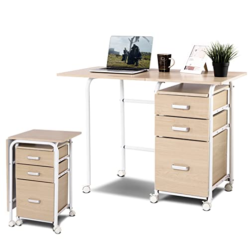 CASART 2-In-1 Folding Computer Desk, Mobile PC Laptop Table with Open Shelves/3 Drawers, Home Office Writing Desk Computer Workstation (Oak, 105 x 50 x 75cm)