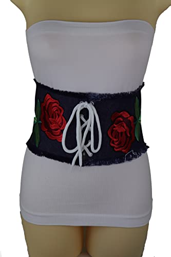 Women Dark Blue Fashion Belt - Denim Fabric Wide Waistband High Waist Corset Tie Red Rose Flower Size S/M4