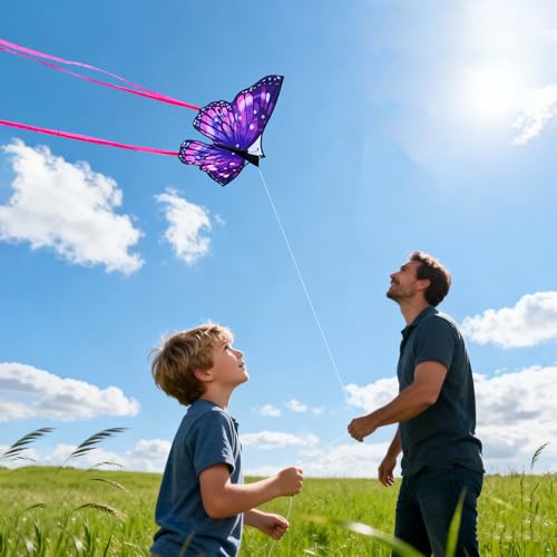 Large Beach Kite and Reel Winder with 650ft String for Kids and Adults, Single Line Kite, Extremely Easy to Fly for Beginners(Purple)
