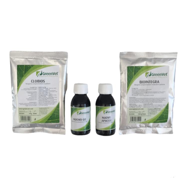 Il kit si compone di: Nuovo GR 100g: Nuovo GR è un mangime complementare in forma liquida Nuovo Apacox 100g: Nuovo Apacox è un mangime complementare in forma liquida Clobios 60g: Clobios è un mangime complementare in forma di polvere Biointergra 1kg: Biointerga è un coadiuvante Alimentare con Vitamine e Oligoelementi Per maggiori informazioni rispetto alle dosi consigliate, metodo di somministrazione nelle prima settimane di vita dei pulcini vi consigliamo di prendere visione direttamente dal prodotto e/o di contattarci per avere consigli utili di utilizzo.