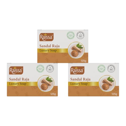 Image of Raissa Sandal Raja Luxury Soap 125g (Pack of 3) | Pure Sandalwood Soap for Radiant, Smooth Skin | Brightening & Nourishing | BHT, Silicone, Mineral Oil & Paraben-Free | For Men & Women
