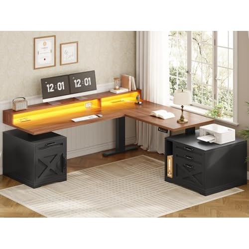 SEDETA Farmhouse L Shaped Standing Desk, 71" x 73" Height Adjustable Home Office Executive Desk with Drawers, Power Outlet, Monitor Stand, Sit Stand T