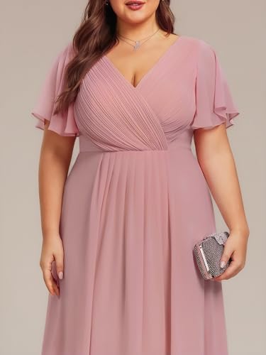 Image of Ever-Pretty Plus Women's Cocktail Party Dress Short Sleeves V Neck A Line Chiffon Maxi Plus Size Wedding Guest Dresses