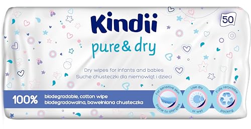 Kindii Pure & Dry Baby Trockentücher – (12x50 Stück) Einmalwaschlappen – 100% Baumwolle, sensitive Haut, trocken – 600 Stück