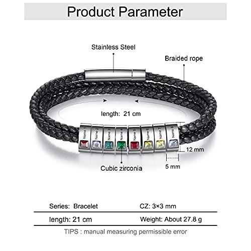 Kaululu Fathers Gifts Custom Leather Bracelet For Men With 8 Birthstones Engraved Stainless Steel Beads Personalized Names Bracelet For Father Husband Boyfriend Boys Birthday Gift #TOP4