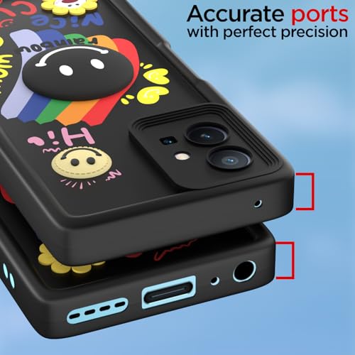 Image of Pikkme Back Cover for Vivo T1 5G / Vivo Y75 5G / iQOO Z6 5G | Soft Silicone| Cute Rainbow Smile & 3D Cartoon Flower Design | Shockproof Raised Camera Protection Bumper Case (Black)
