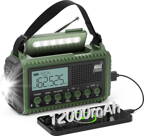NOAA Emergency Radio with Auto Weather Alerts - 12000mAh Solar Hand Crank Weather Radio, 6 Power Sources, Bright LCD Digital Tuning, AM/FM/SW Receiver, SOS Alarm & Power Bank for Home Camping Survival