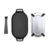 Ooni Grizzler Pfanne aus Gusseisen, Grill-Bratpfanne, 31 cm x 16 cm, Grillplatte mit abnehmbarem Griff und Edelstahl-Untersetzer, voreingebranntes antihaftbeschichtetes ofenfestes Kochgeschirr