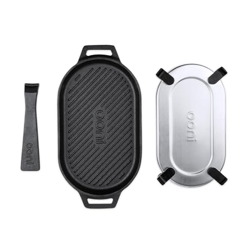 Ooni Grizzler Pfanne aus Gusseisen, Grill-Bratpfanne, 31 cm x 16 cm, Grillplatte mit abnehmbarem Griff und Edelstahl-Untersetzer, voreingebranntes antihaftbeschichtetes ofenfestes Kochgeschirr