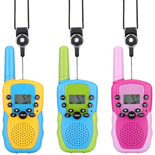 NK Walkie Talkies para Niños de 4 a 9 Años, Juguete Infantil con Linterna, 22 Canales, Larga Distancia 3km, Pantalla LED, Pilas Incluidas  3 Unidades