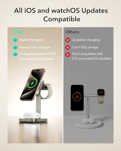 Image of ESR 3 in 1 Wireless Charging Station, [Certified] Apple Watch Charger & 15W MagSafe Charger Stand for iPhone, Wireless Charger for Multiple Devices iPhone 17-12&Watch&AirPods,Natural Titanium