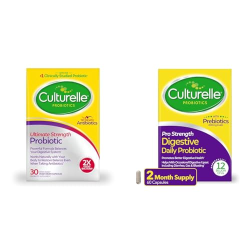 Culturelle Ultimate Strength Probiotic for Men and Women & Pro Strength Daily Probiotic, Digestive Health Capsules, Supports Occasional Diarrhea, Gas & Bloating, Gluten and Soy Free, 60 Count