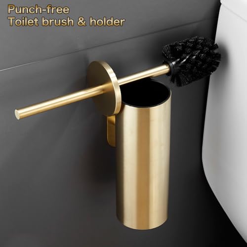 Image of AIREMOEN 1PCS Brushed Gold Stud Free Toilet Brush and Holder Set, 304 Stainless Steel Handle Toilet Brush Holder, Toilet Brush and Plunger Set, Bathroom Wall-Mounted Compact Toilet Brush Holder