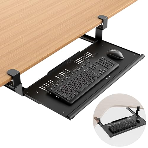 Strifuture Keyboard Tray Under Desk - Full Metal Slide Out Holder, Rust-Resistant & Scratch-Proof, Double C-Clamps, 26x13' Tray for L Shape/Regular Desks, Standing/Sitting Workstation(Black-B)