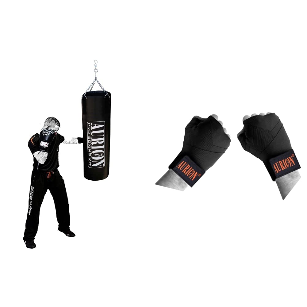 Aurion Filled Heavy Punch Bag 4 FEET Rex Leather Boxing MMA Sparring Punching Training Kickboxing Mu & 3434 Canvas Boxing Hand Wraps, 108-inch (Black/Red/Blue) Combo (B0813SFKSS) Amazon Price History, Amazon Price Tracker