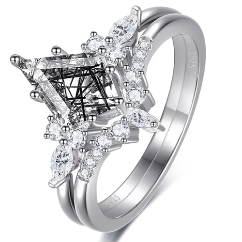 Kite Cut Engagement Ring - Black Rutilated Quartz Ring Set in 925 Sterling Silver - Women's Size 9 Wedding Ring Set2