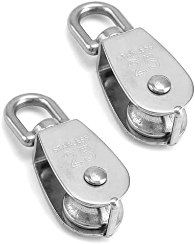 QWORK 2 Pcs M25 Singe Pulley Block 304 Stainless Steel Pulley Wheel Roller for Wire Diameter 11mm 360° Swivel Loading 150kg/330lbs for Indoor Outdoor Application