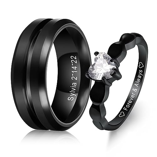 MeMeDIY Personalized Stainless Steel Couples Rings Set, Engraved Names Promise Rings with Heart Gemstone, Gift Bag Included
