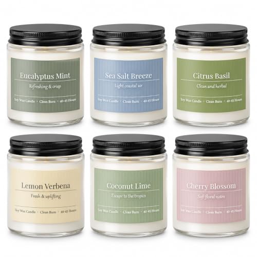 Scented Candles Gift Set 6 Pack Spring Summer Soy Wax Aromatherapy Candles Lemon Verbena Coconut Lime Sea Salt Breeze Citrus Basil Eucalyptus Mint & Cherry Blossom