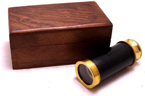 Krishna Mart India 4" Handheld Brass Telescope with Wooden Box - Pirate Navigation Clear Wooden Box