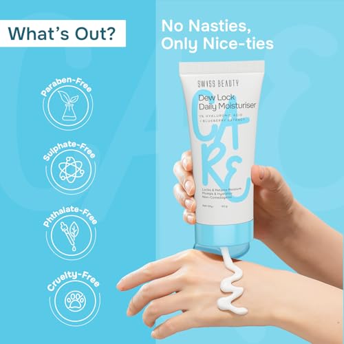 Image of Swiss Beauty Dew Lock Daily Moisturiser | 1% Hyaluronic Acid & Blueberry Extract | Locks & Retains Moisture | Plumps & Hydrates | Non-Comedogenic | 50gm