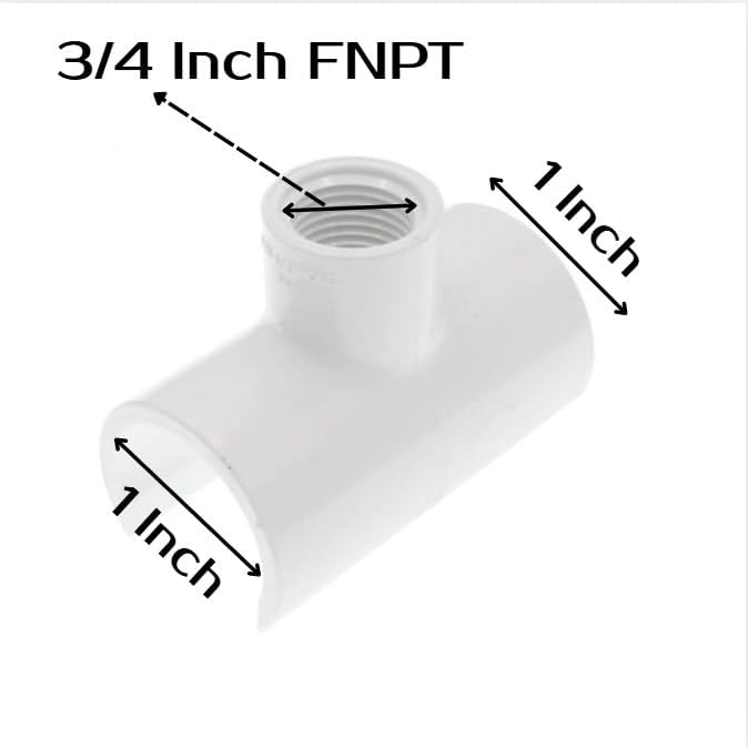 Diagram showing the dimensions of the 1 inch PVC Snap-On Saddle Tee, including the 1 inch pipe diameter and 3/4 inch FNPT outlet.