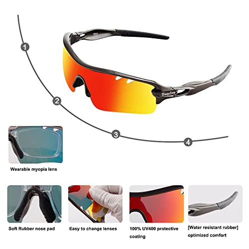 Polarized Sports Sunglasses Cycling Sun Glasses For Men Women With 5 Interchangeable Lenes For Running Baseball Golf Driving (Black+Black) #TOP1
