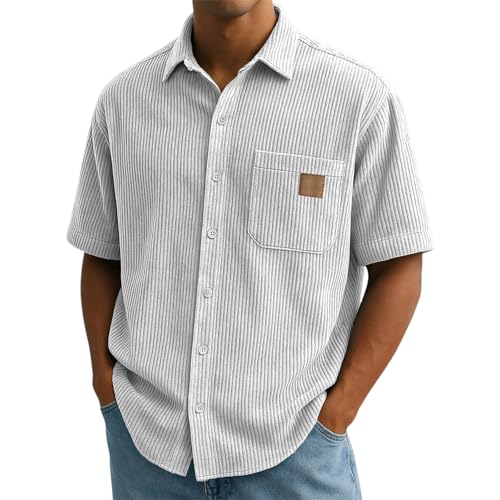 Mens Summer Textured Shirts with Pocket Oversize Short Sleeve Lapel Collar Button Down Shirt Holiday Loungewear Tops Big&Tall