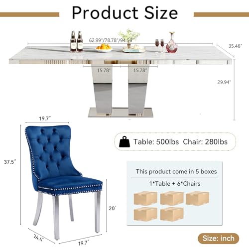 Image of 7-Piece Extendable Dining Table Set for 6, Modern 63 inch-94 inch White Faux Marble Expandable Kitchen Table Set with 6 Velvet Chairs, Large Extendable Dining Room Tables with Mirrored Columnar Base