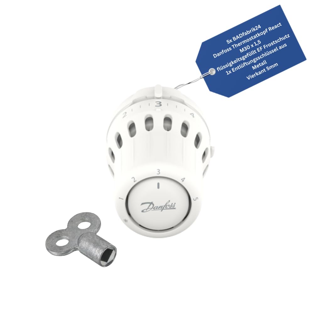 Thermostatkopf React M30 x 1,5 – flüssigkeitsgefüllt, Frostschutz, 5er Set + Entlüftungsschlüssel 5 mm Metall – präzise Heizkörper-Regelung