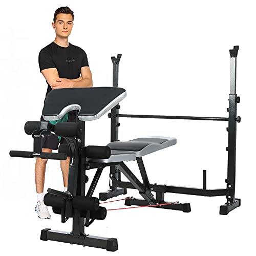 Olympic Weight Bench Multi-Function Adjustable Weight Bench with Preacher Curl Leg Developer Lifting Press Exercise for Full-Body Workout Home Gym Adjustable Weightlifting Bed (Gray)