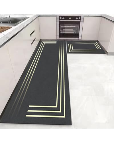Image of HomeCloud Rubber Rectangular Kitchen Mats for Floor Set of 2 Pcs | Non-Skid, Soft Absorbent Rugs for Kitchen, Laundry, and Hallway | 120x40cm, 40x60cm| 4mm Thickness (Gold Linning Black)