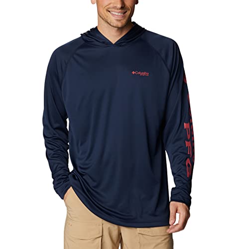 Columbia Men's PFG Terminal Tackle Long Sleeve Fishing Hoodie, Coll Navy/Sunset Red Logo, 2X