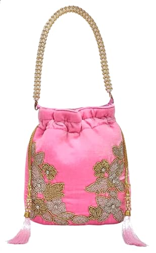 Image of Velvet Potli Bag with Golden & Silver Beaded Flower Embroidery - Handcrafted Ethnic Drawstring Bag for Weddings, Parties & Festive Gifts - Beaded Handle & Tassels for Women