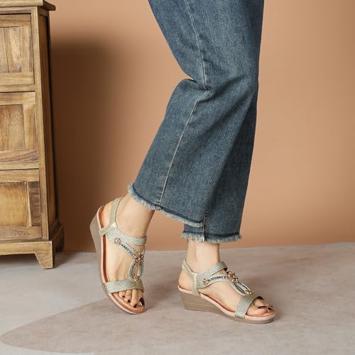 Image of Wedge Sandals for Women Dressy, Woman's Sandal Comfortable Low Wedges Heels Ankle Elastic Strap Sandles with Flower Rhinestones