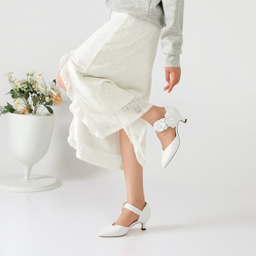 RIBONGZ Women's Low Kitten Heel Pumps Comfortable Pointed Toe Dress Shoes Flower Strap Slip On Dressy Heels for Wedding Dancing Party Office Work3