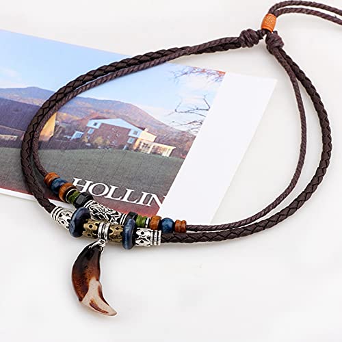 Image of Vintage Style Double Layers Braided Leather Tribal Necklace with Charm Cross and Teeth Pendant
