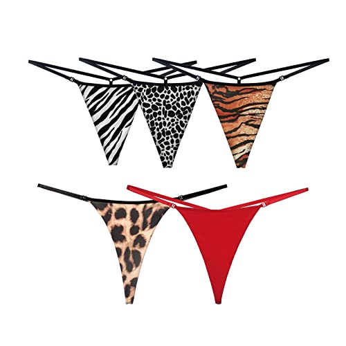 Jokejojack Women's Thong Cotton Panty Low Waist G-Strings Seamless Underwear Thong Leopard Print 5Pack #TOP10