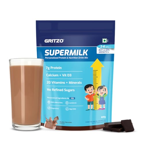Gritzo SuperMilk Growth+ (Formerly Height+) (2-6y Boy & Girl), 7g Protein Powder (Double Chocolate, 800g) | Zero Refined Sugar, 20 Vitamins & Minerals
