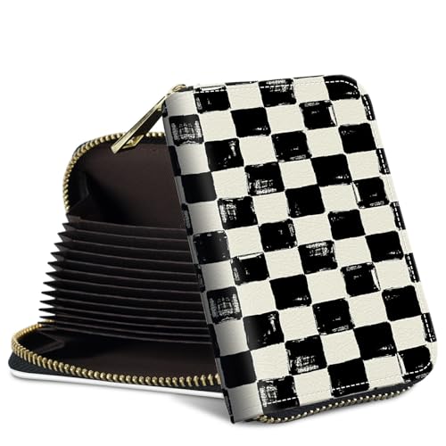 SROJDHFJB Mini Credit Card Holder Wallet for Women Men, RFID Blocking Small Card Case 12 Slots 2 Cash Coin Pockets Accordion Zipper Card Holder, Black and White Checkerboard Card Organizer Case
