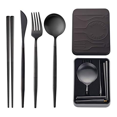 Do Buy Portable & Reusable Stainless Steel Travel Cutlery Set，Folding Utensil Set with Case ，for Camping, Picnic, Office and On-The-Go (Pocket Sized Flatware Set) (Black) (Black) Cover