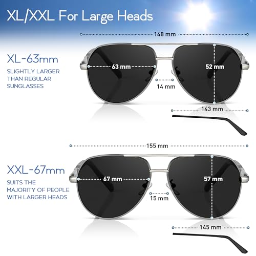 Olwen XXL Aviator Sunglasses For Large Heads (Polarized), Extra Large, Big and Tall, XL + Free Hard Case (Blue Mirror, XXL, 67mm) — view 3