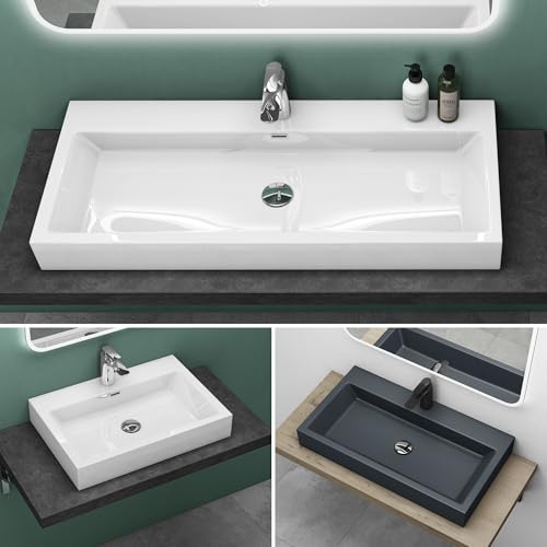 Mai & Mai Waschbecken Col18 Hängewaschtisch Aufsatzwaschbecken Mineralguss Weiß 1 Armaturenloch rechteckig Breite: 100 cm