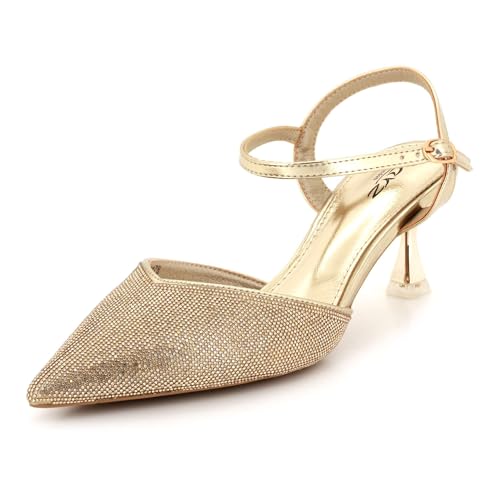 Image of AARZ LONDON Womens Glitter Diamante Sandal Slingback High Heels Pointed Toe Stiletto Evening Wedding Bridal Party Prom Adjustable Strap Ladies Gold Shoes Size 6 UK 39 EU