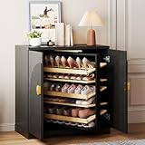 Vlsrka Shoe Storage Cabinet with Fluted Doors and Shelves, 6-Tier Rotating Shoe Organizer Cabinet, Wooden Freestanding Shoe Cabinet for Entryway, Hallway, Foyer, Closet, Black