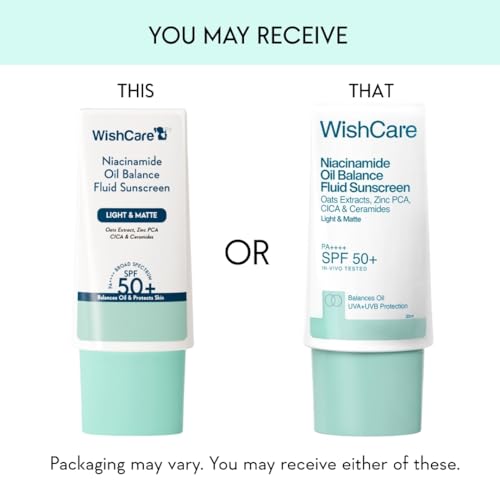 Image of WishCare Niacinamide Oil Balance Fluid Sunscreen SPF 50 PA++++ In-Vivo Tested | 8Hrs+ SPF Protection | Lightweight, Matte & No White Cast | Sunscreen SPF 50 For Oily Skin, Sensitive, Dry & Combination Skin | For Women & Men | 30ml