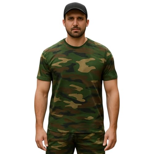 Game Technical Apparel Mens Camouflage Short Sleeve Crew Neck Camo T-Shirt Army Hunting Fishing Outdoor Sports Casual Double Stitch Detail 200gsm Regular Fit Reinforced Neck