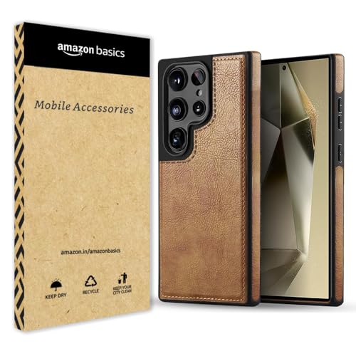 amazon basics Genuine Leather Finish Samsung Galaxy S24 Ultra 5G Back Cover Case | Raised Edges for Camera & Screen Protection | Back Case Cover for Samsung Galaxy S24 Ultra 5G (Brown)- Best and cheap mobile covers in India